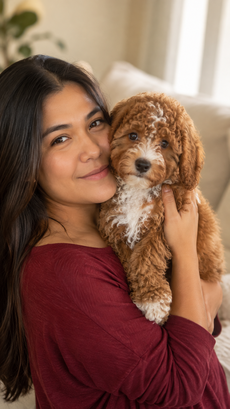 Woman cuddling a caramel and white mini Goldendoodle puppy