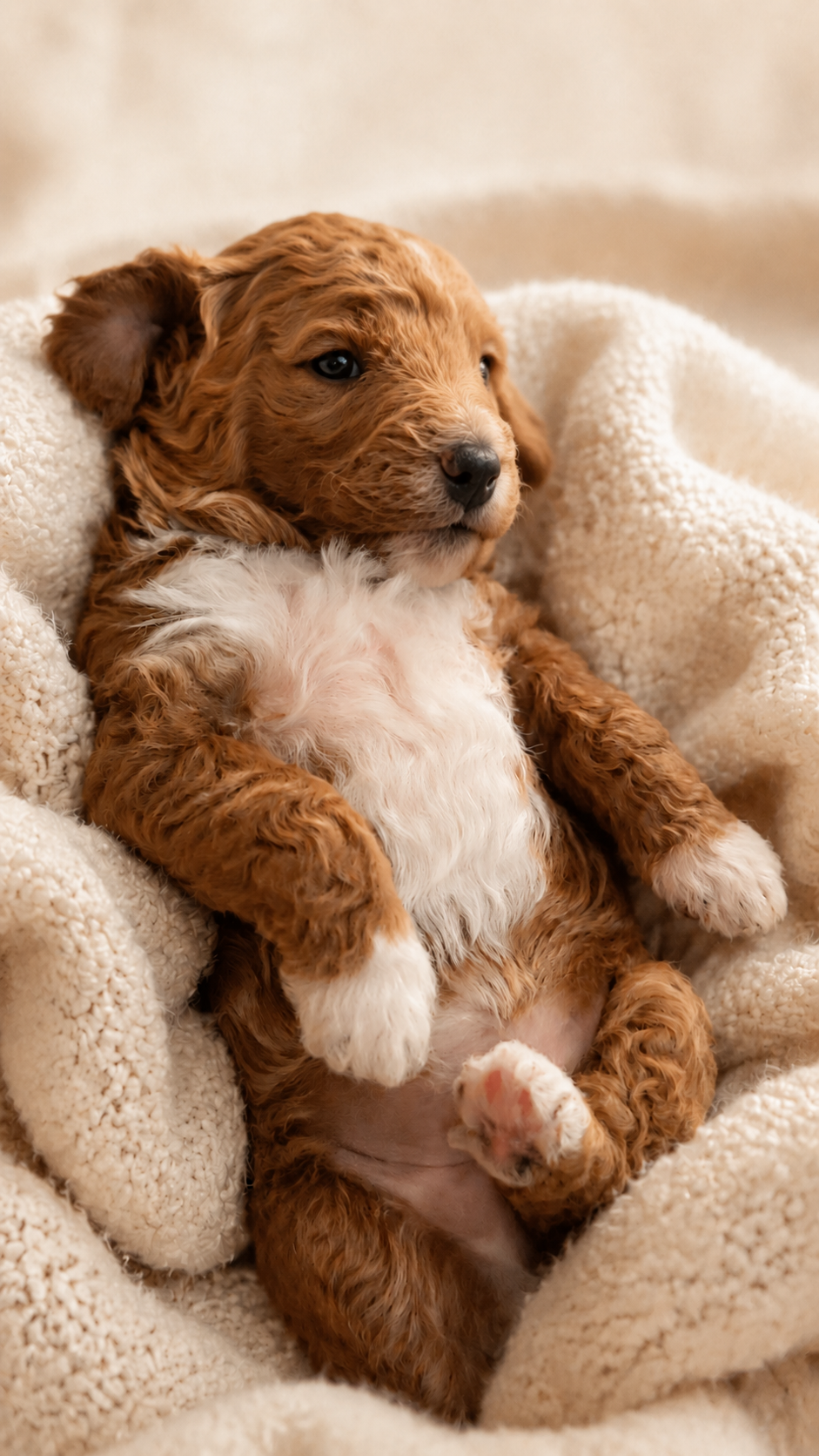 Caramel mini Goldendoodle puppy nestled in a soft blanket