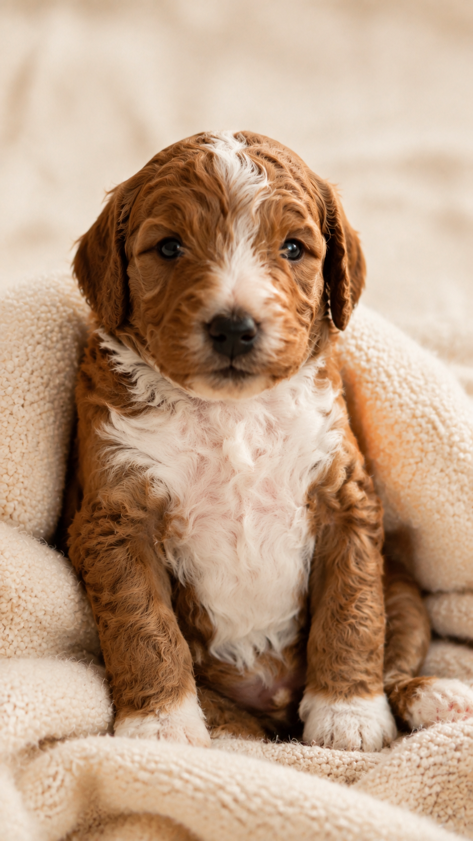 Caramel and white mini Goldendoodle puppy sitting