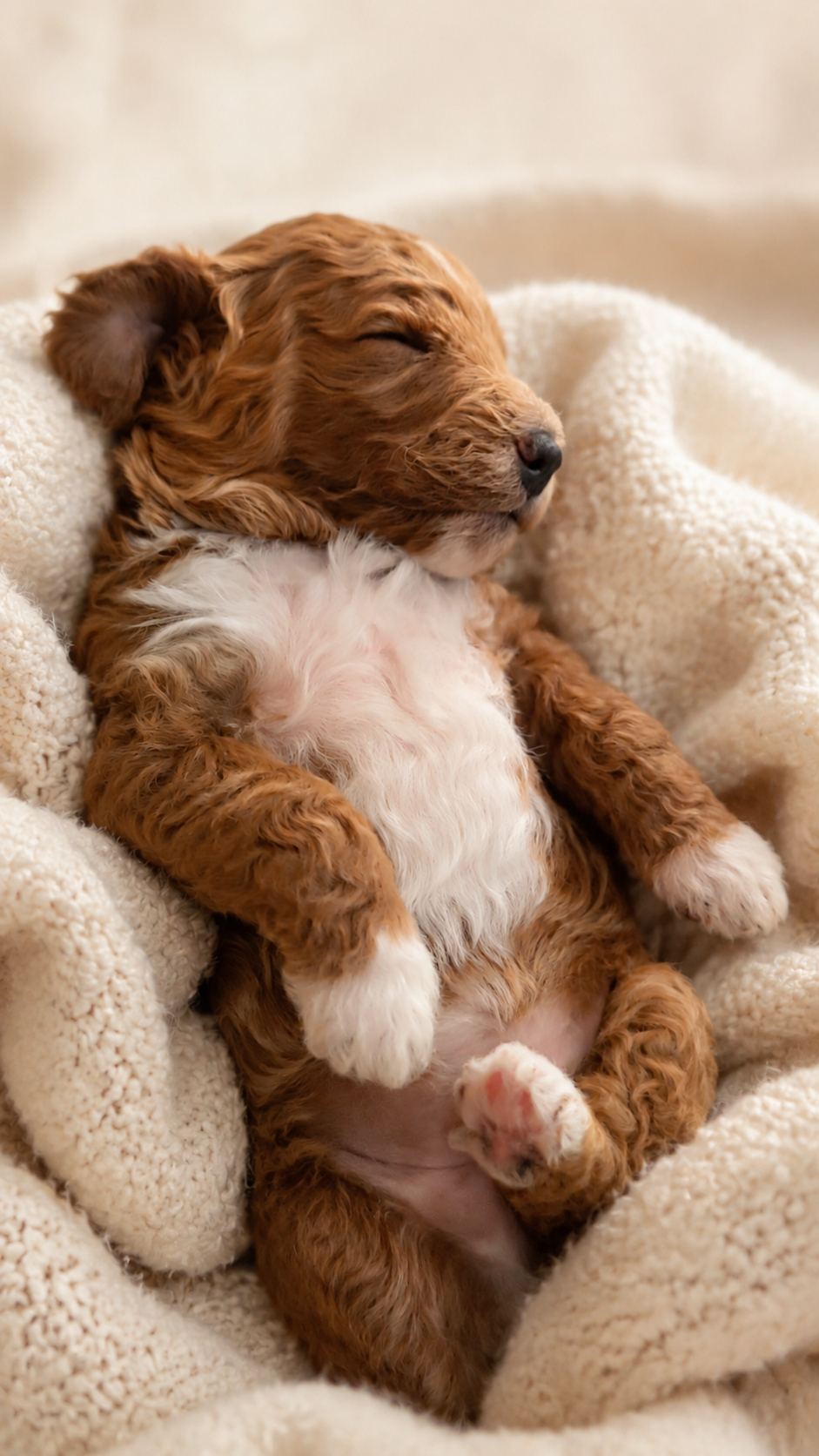 Mini Goldendoodle puppy sleeping peacefully in a cream blanket